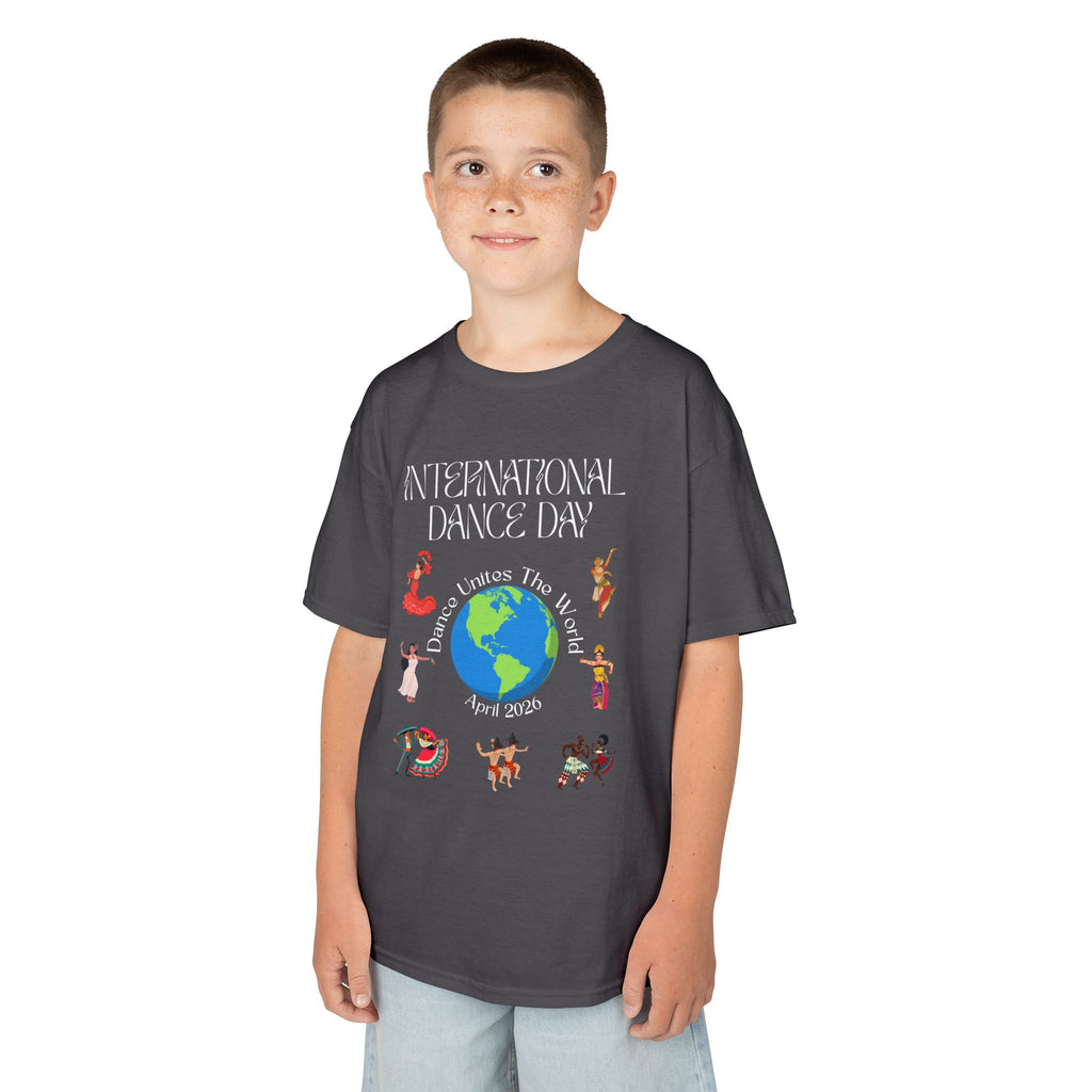Young boy wearing a youth Gildan 5000B heavy cotton t-shirt in charcoal with an International Dance Day theme 