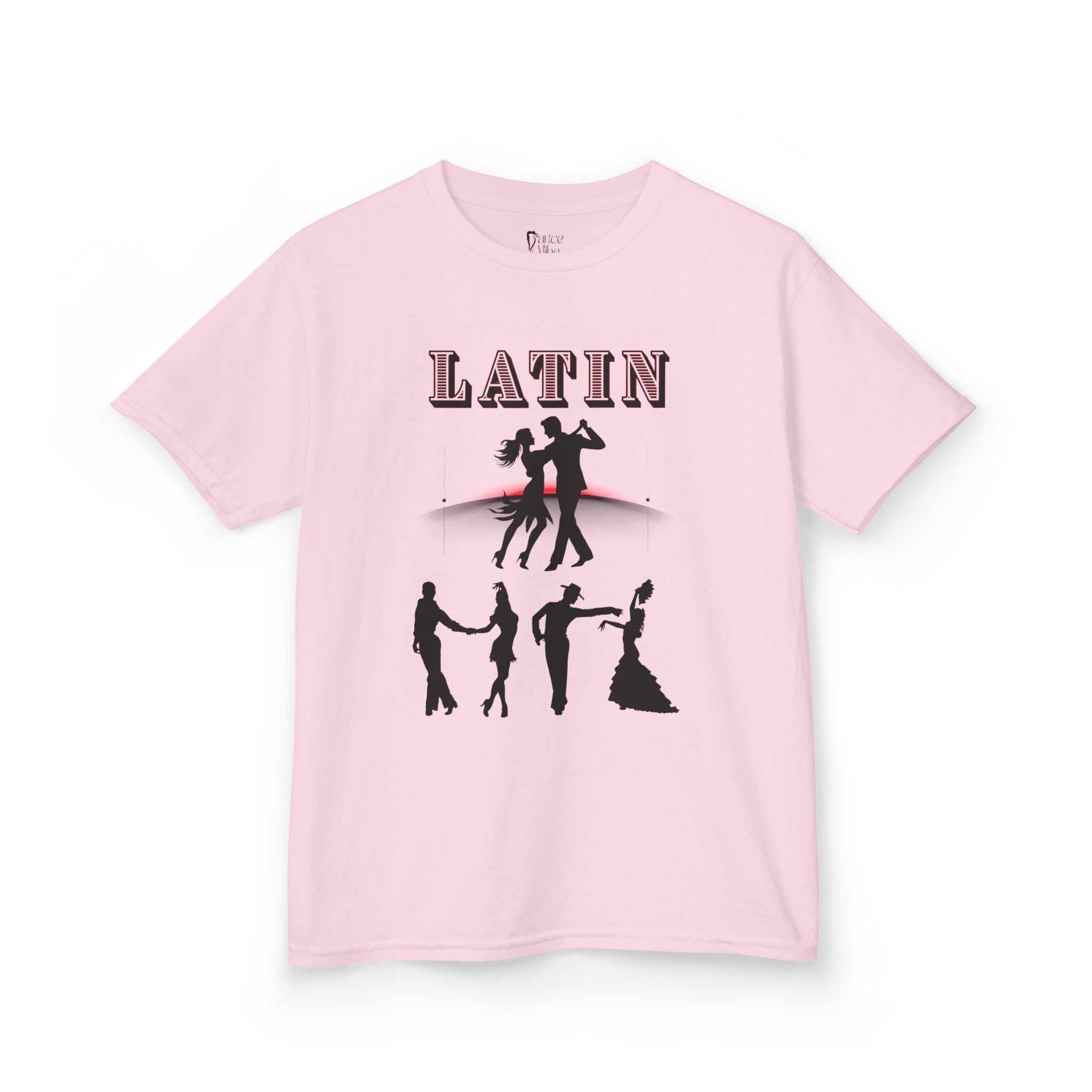 Front view of a youth Gildan 5000B heavy cotton t-shirt in light pink with a Latin Dance Couples theme