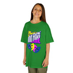 Young girl wearing a youth Gildan 5000B heavy cotton t-shirt in irish green with a Musical Theater rainbow mask graphic
