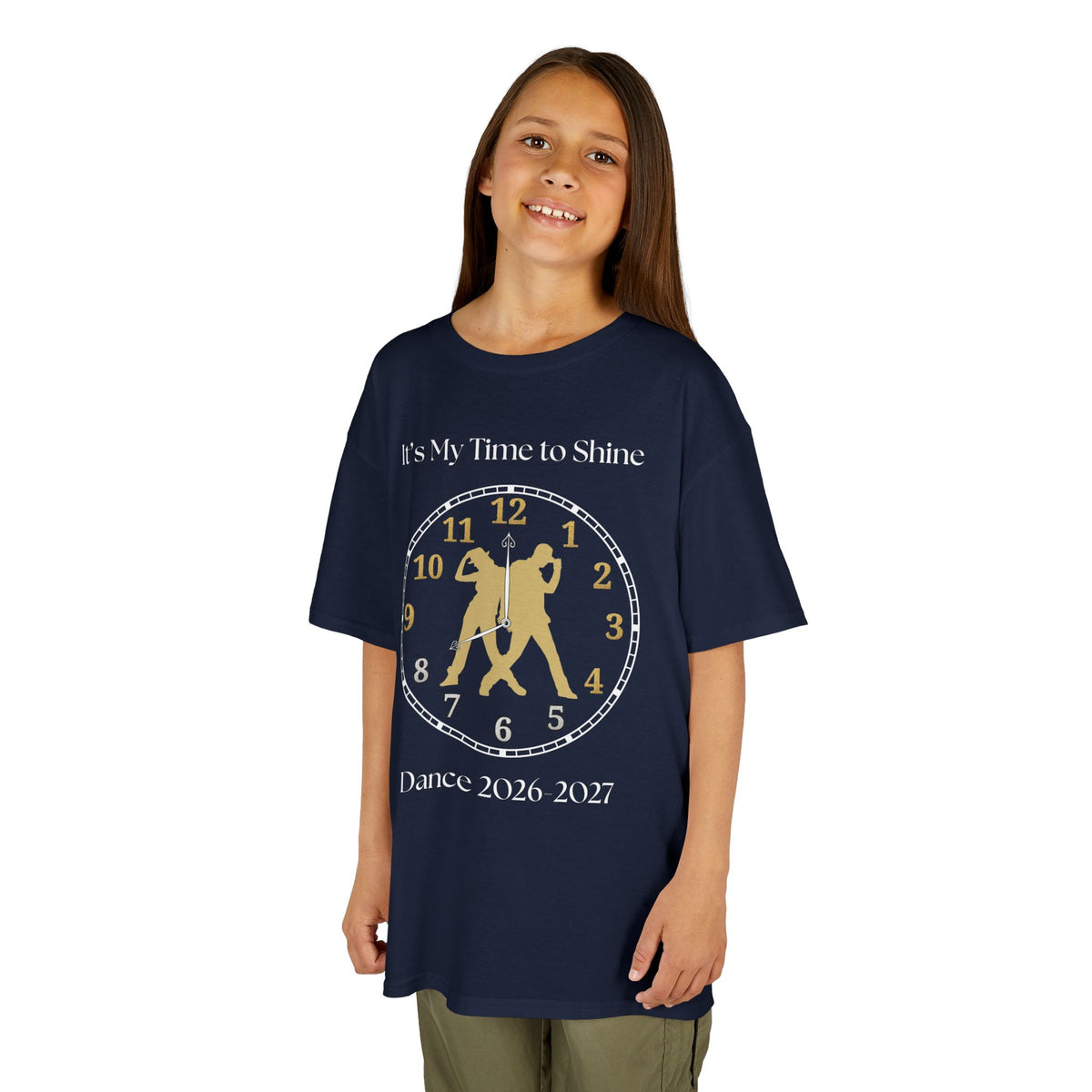 Young girl wearing a youth Gildan 5000B heavy cotton t-shirt in navy with an It's My Time to Shine Hip Hop 2026-2027 theme