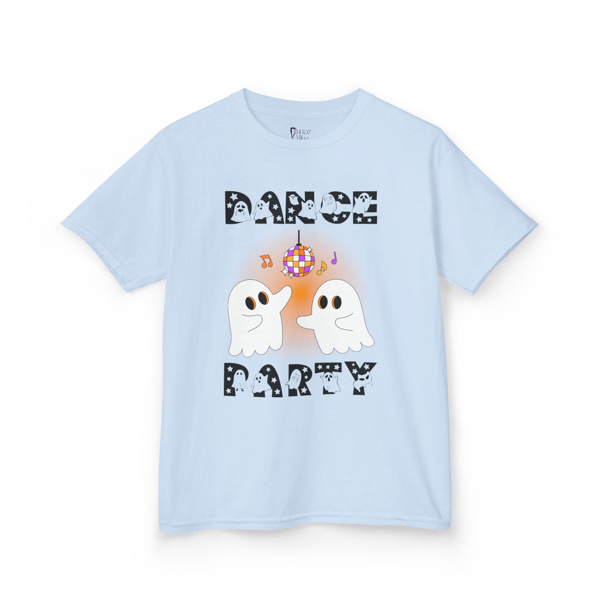Front view of a youth Gildan 5000B heavy cotton t-shirt in light blue with a Halloween Dance Party theme