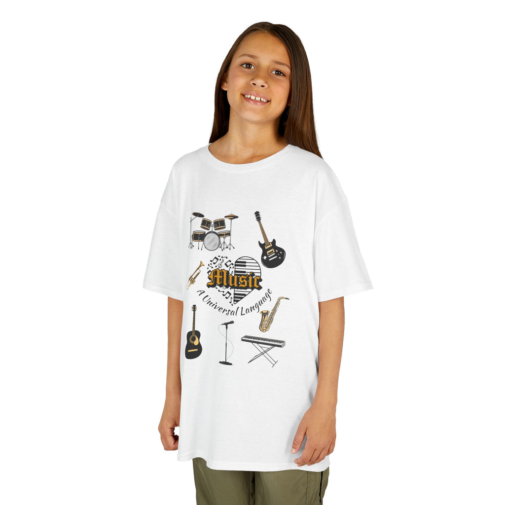 Young girl wearing a youth Gildan 5000B heavy cotton t-shirt in white with a Music A Universal Language theme