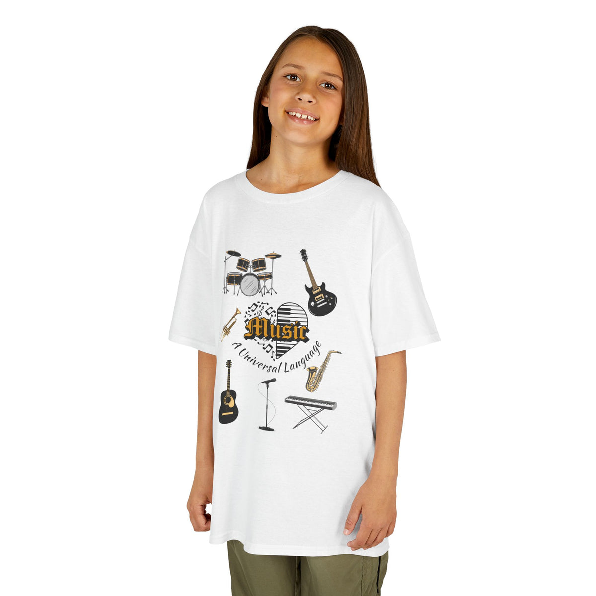 Young girl wearing a youth Gildan 5000B heavy cotton t-shirt in white with a Music A Universal Language theme