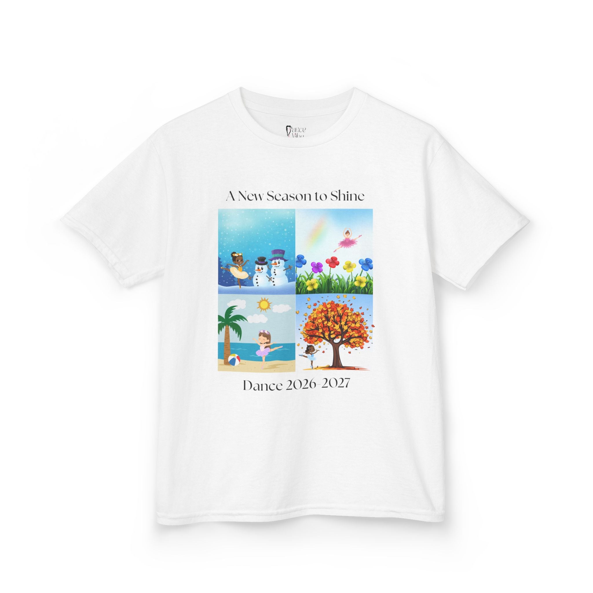 Front view of a youth Gildan 5000B heavy cotton t-shirt in white with an A New Season to Shine Dance 2026-2027 theme