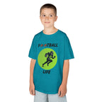 Young boy wearing a youth Gildan 5000B heavy cotton t-shirt in tropical blue with a Football Life text and graphic
