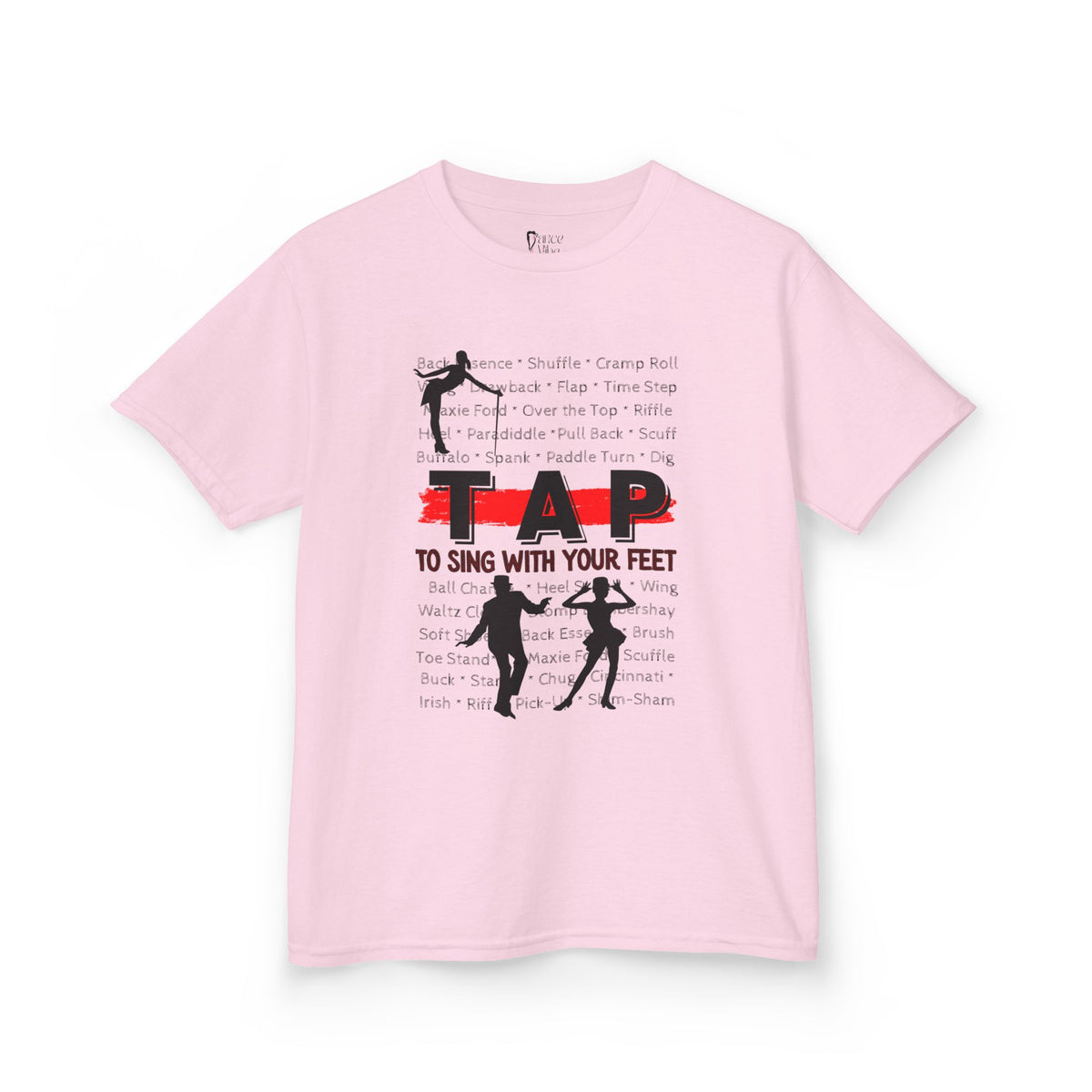 Front view of a youth Gildan 5000B heavy cotton t-shirt in light pink with a Tap text and design
