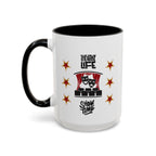 15oz white ceramic Theatre Showtime mug with black handle and interior Left handed view