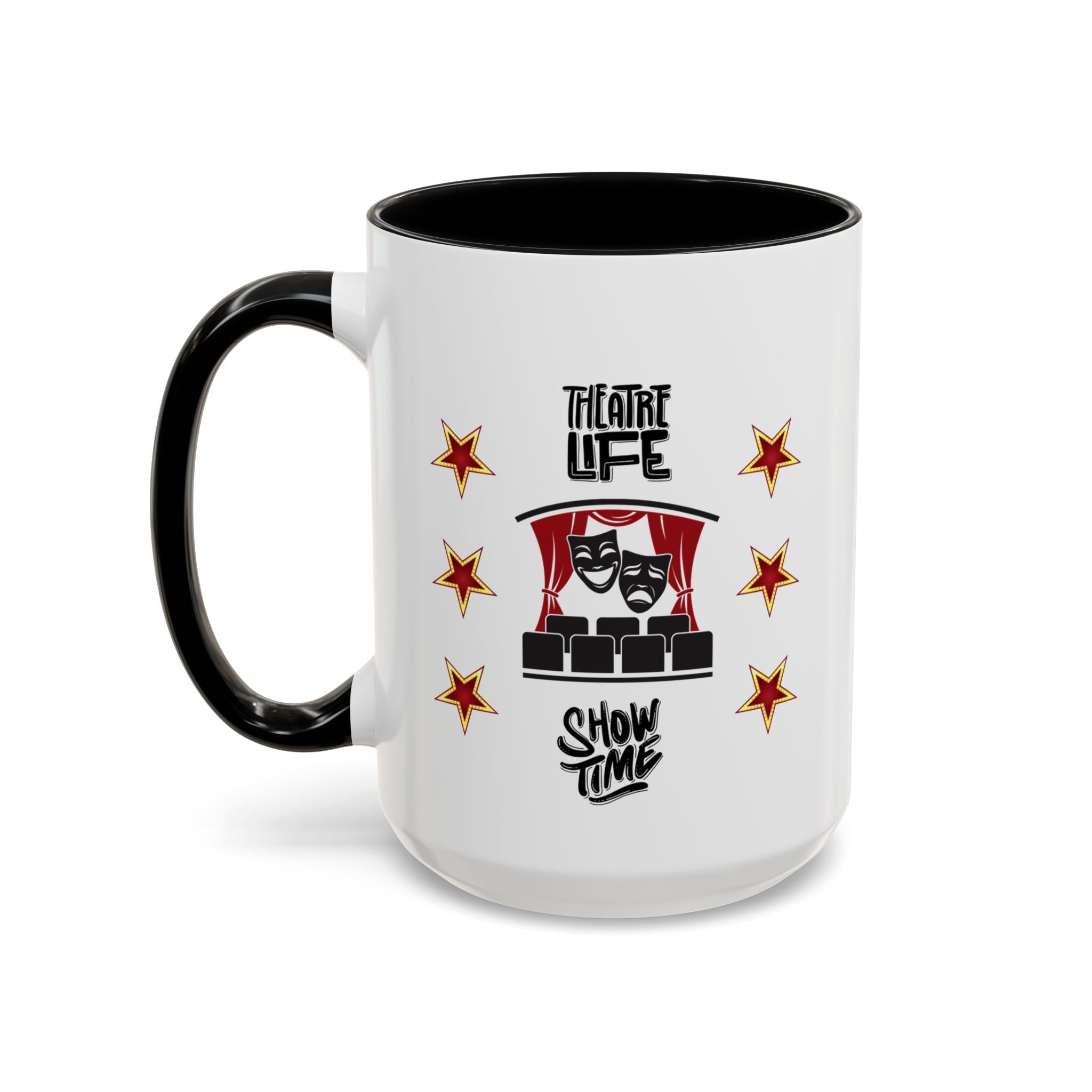 15oz white ceramic Theatre Showtime mug with black handle and interior Left handed view