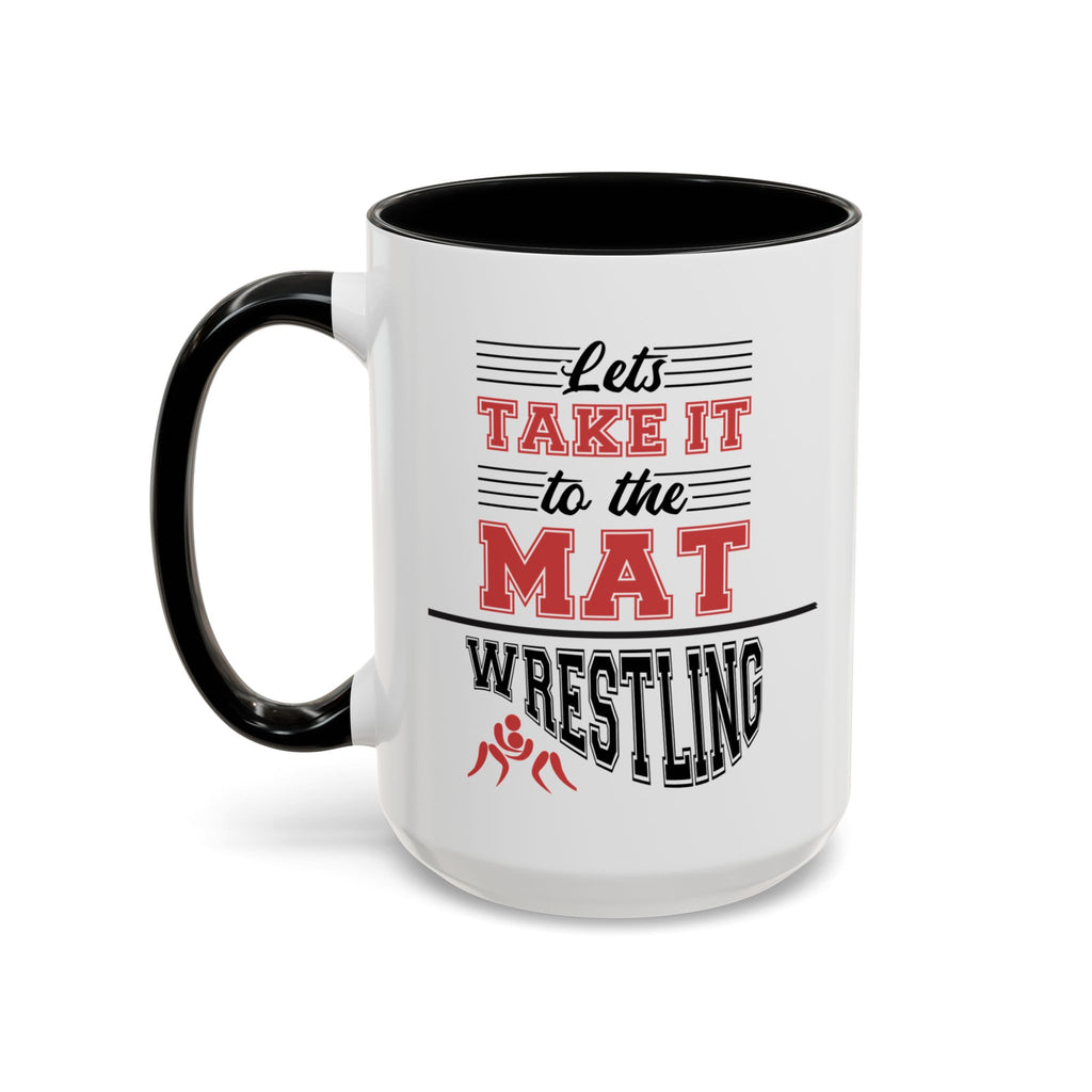 15oz white ceramic Wrestling mug with black handle and interior Left handed view