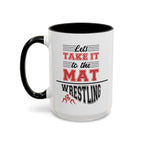 15oz white ceramic Wrestling mug with black handle and interior Left handed view