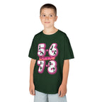 Young boy wearing a Gildan 5000B heavy cotton t-shirt in forest green with a 5678 Dance text and graphic
