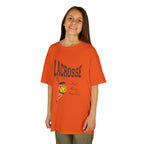 Front view of a youth Gildan 5000B heavy cotton t-shirt in orange with a Girls Lacrosse theme