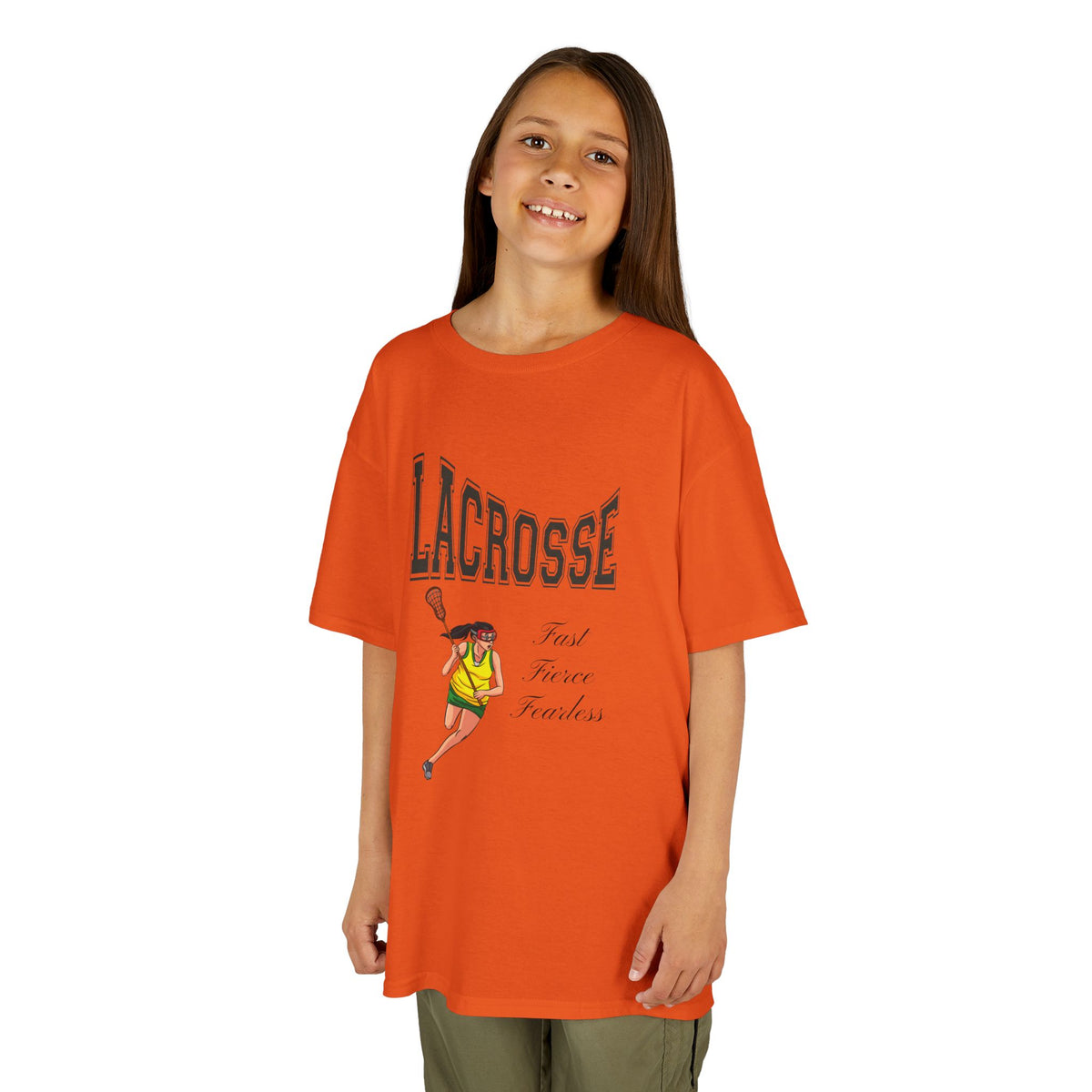 Front view of a youth Gildan 5000B heavy cotton t-shirt in orange with a Girls Lacrosse theme
