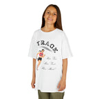 Young girl wearing a youth Gildan 5000B heavy cotton t-shirt in white showing a girl running Track