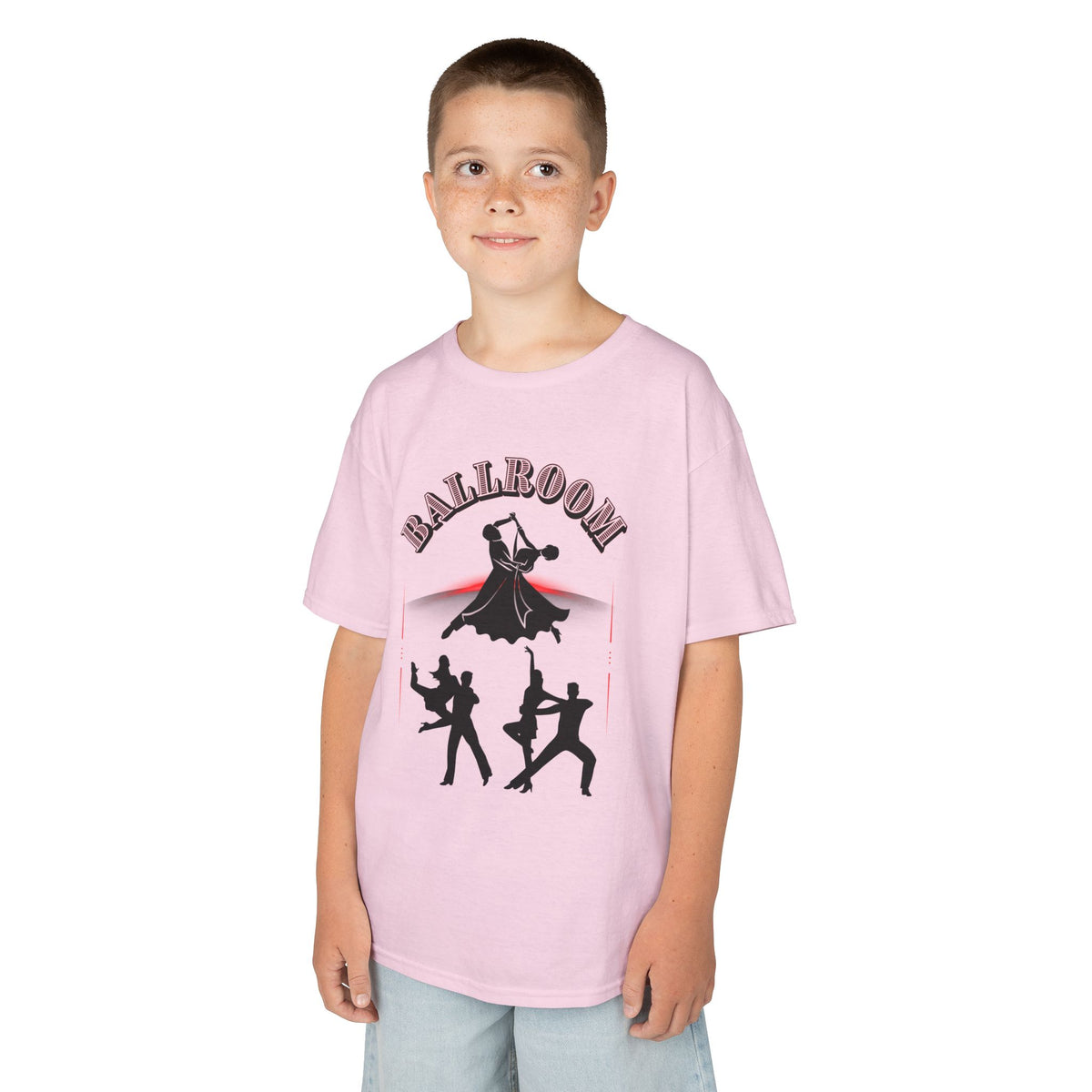 Young boy wearing a youth Gildan 5000B heavy cotton t-shirt in light pink with a Ballroom Dance Couples theme
