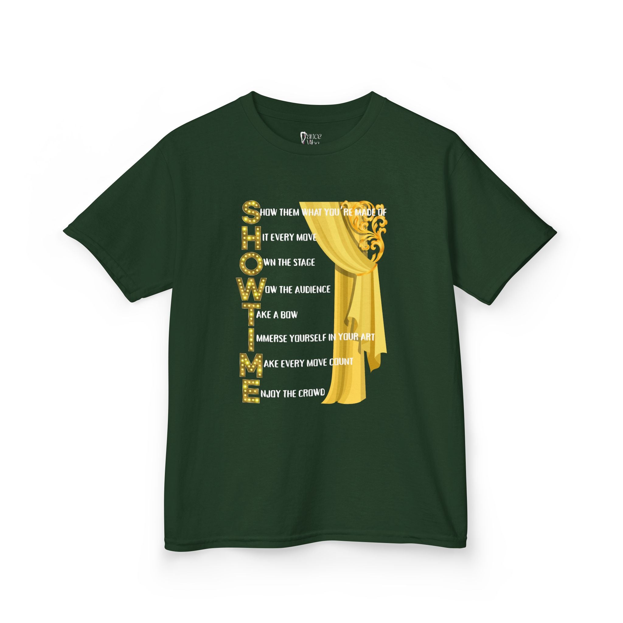 Front view of a youth Gildan 5000B heavy cotton t-shirt in forest green with a Showtime text and graphic 
