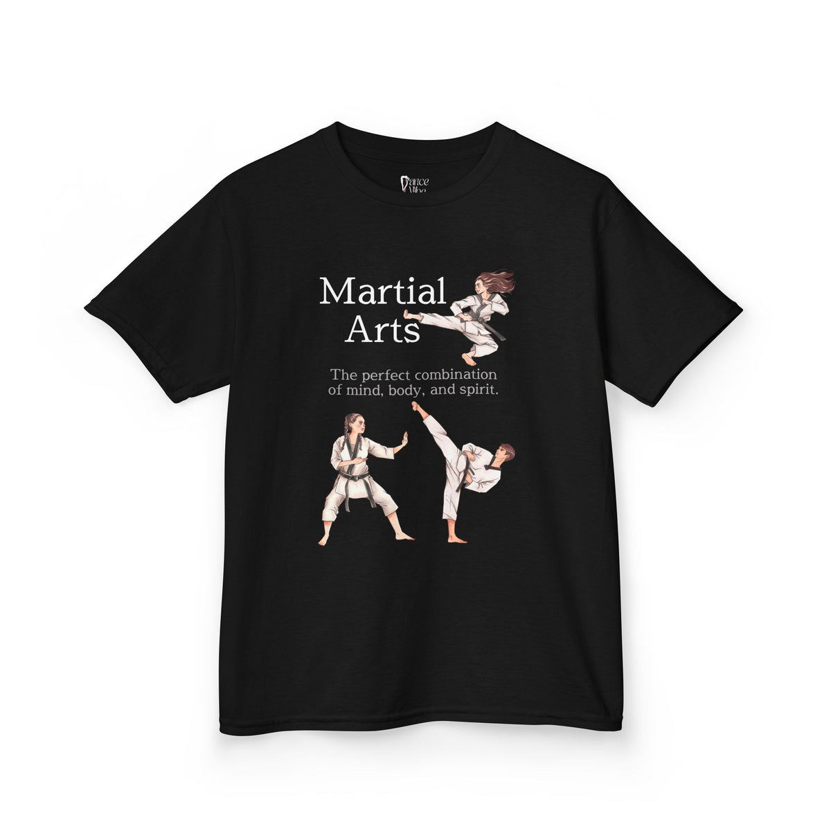 Front view of a youth Gildan 5000B heavy cotton t-shirt in black with a Martial Arts text and graphic