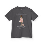 Front view of a youth Gildan 5000B heavy cotton t-shirt in sport grey with a First Dance Class theme