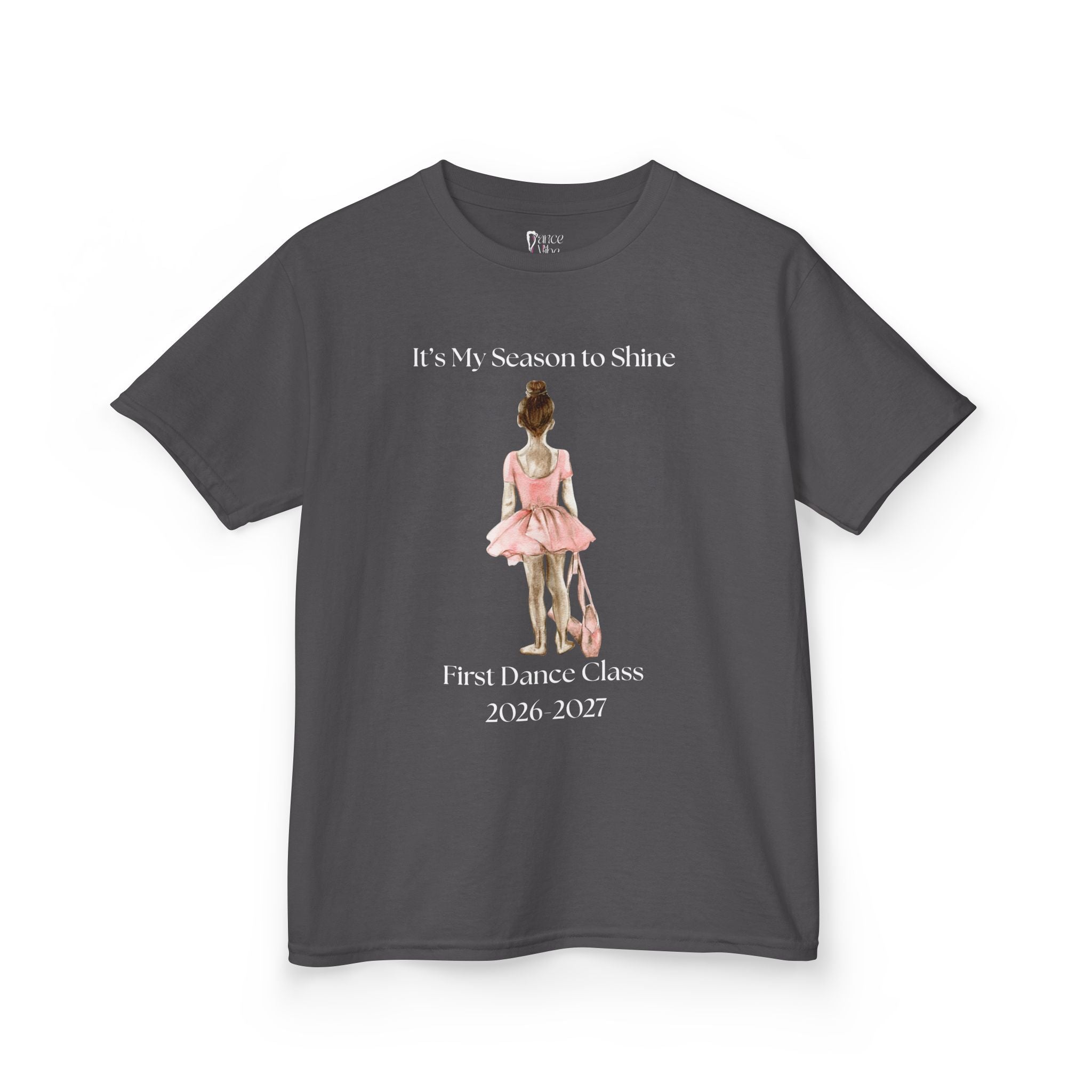 Front view of a youth Gildan 5000B heavy cotton t-shirt in sport grey with a First Dance Class theme
