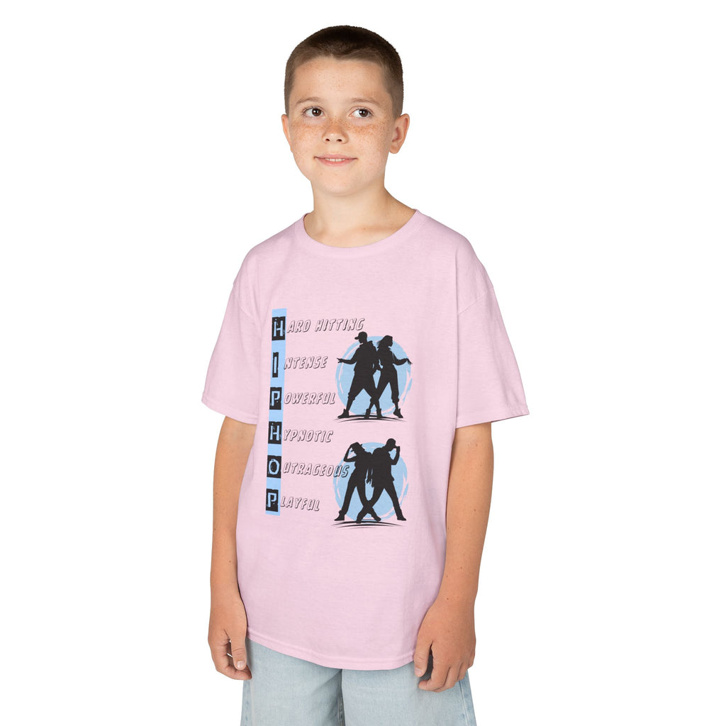 Young boy wearing a youth Gildan 5000B heavy cotton t-shirt in light pink with dancing Hip Hop Couples