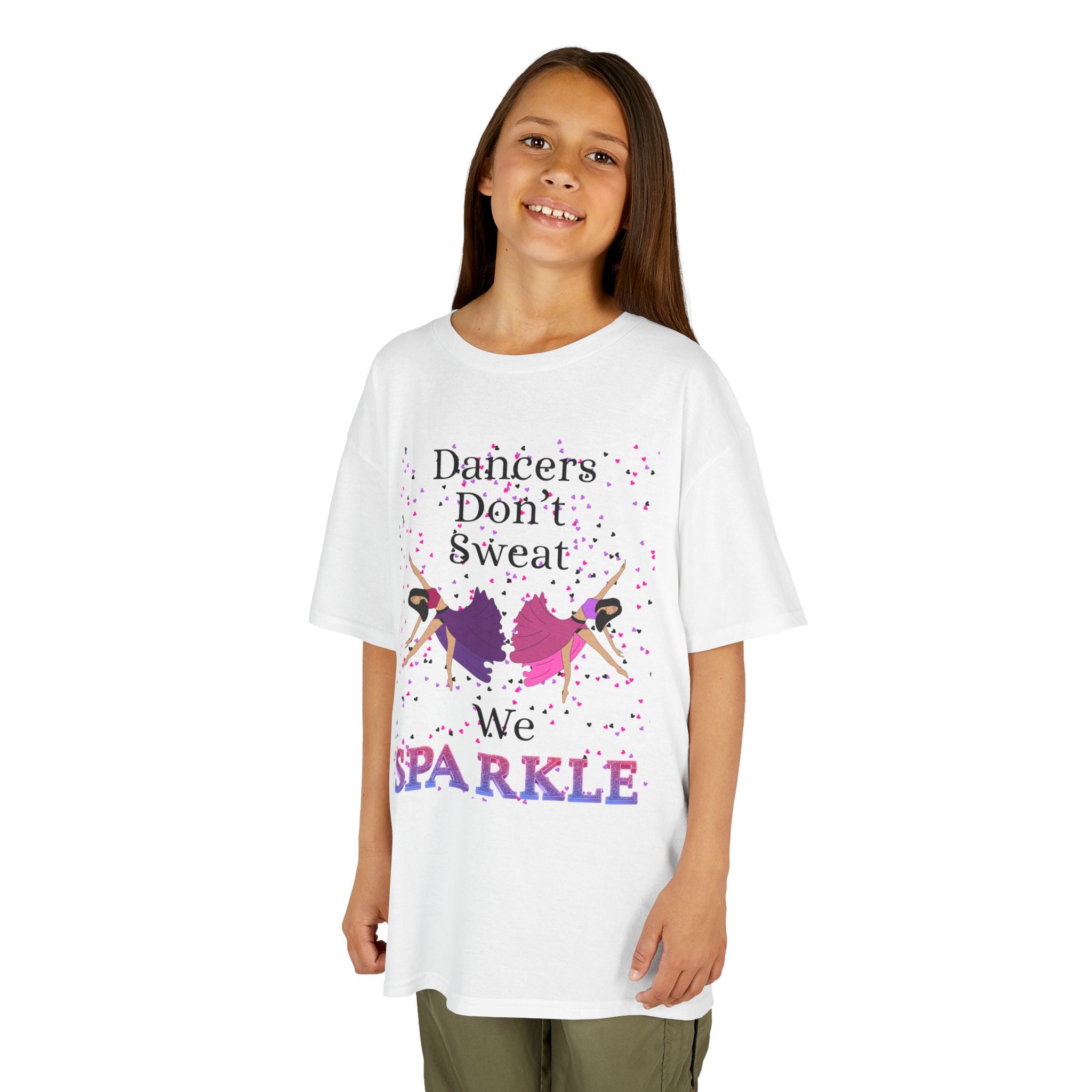 Young girl wearing a youth Gildan 5000B heavy cotton t-shirt in white with a Dancer's Don't Sweat We Sparkle text and graphic