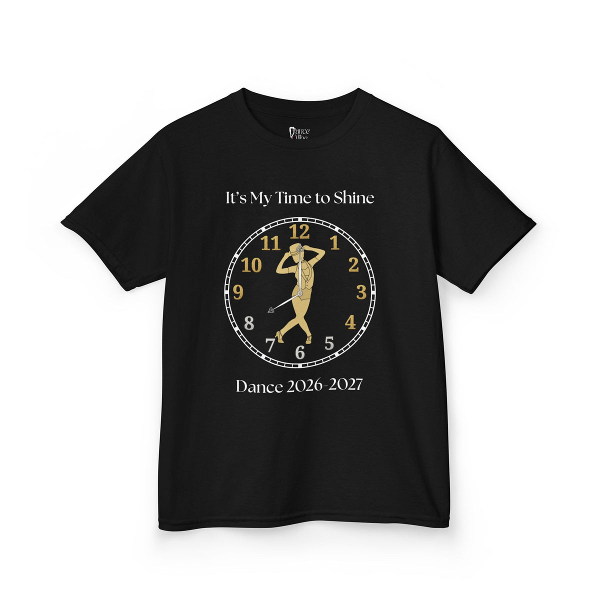 Front view of a youth Gildan 5000B heavy cotton t-shirt in black with a Female Broadway Dancer 2026-2027 design
