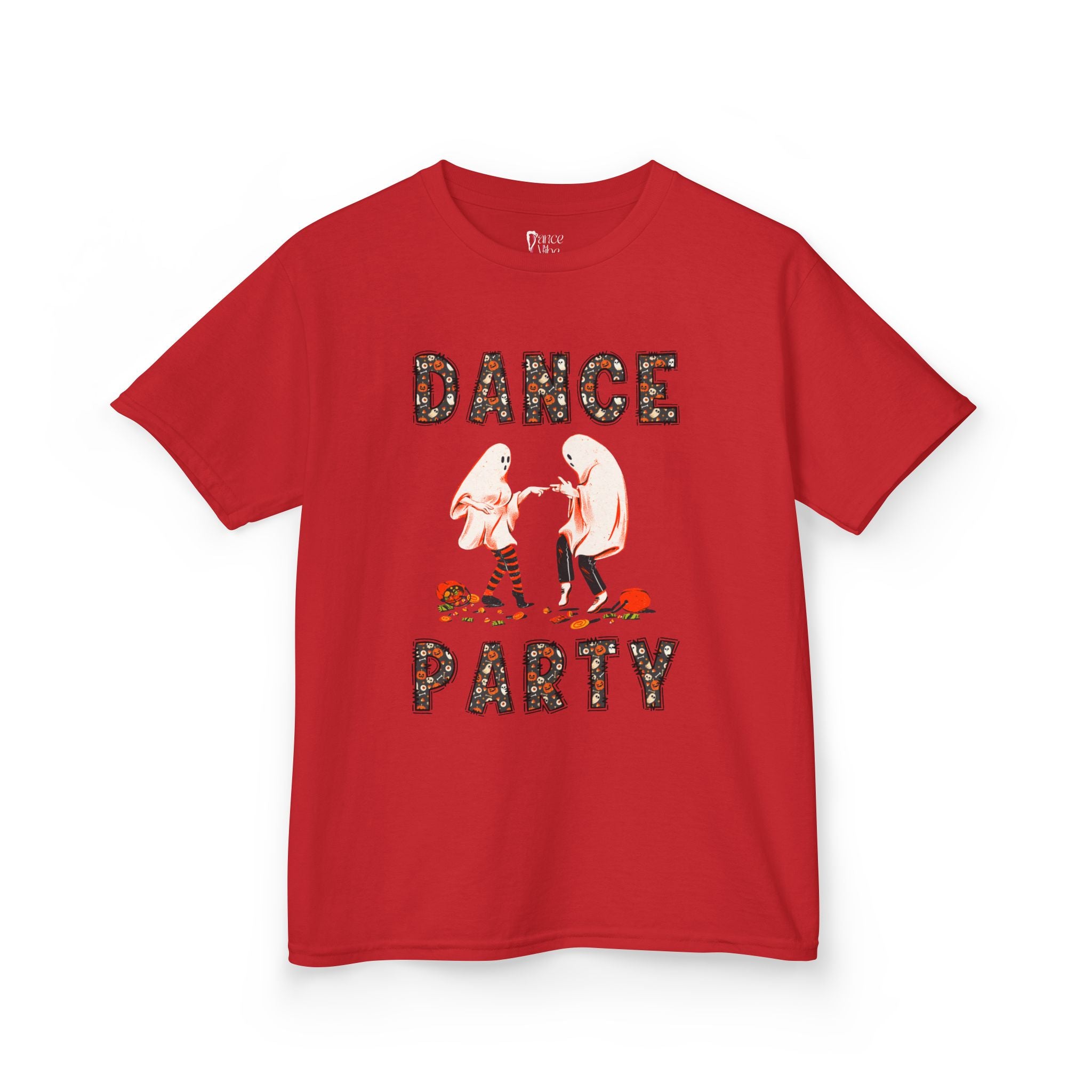 Front view of a youth Gildan 5000B heavy cotton t-shirt in red with a Halloween Dance Party theme