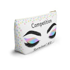 Makeup bag featuring eye design with rainbow make up and Competition Survival Kit text on a white background white zipper side view