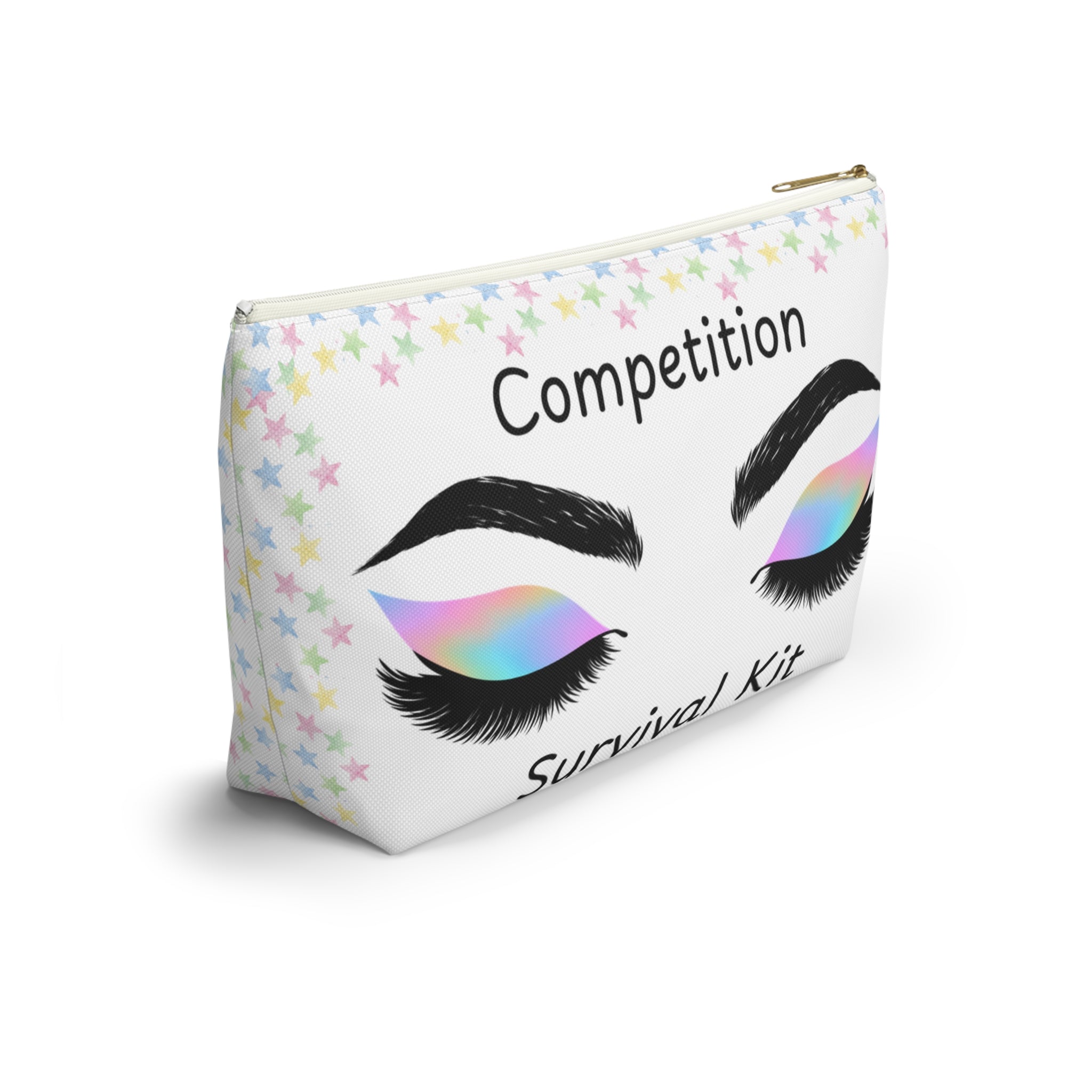 Makeup bag featuring eye design with rainbow make up and Competition Survival Kit text on a white background white zipper side view