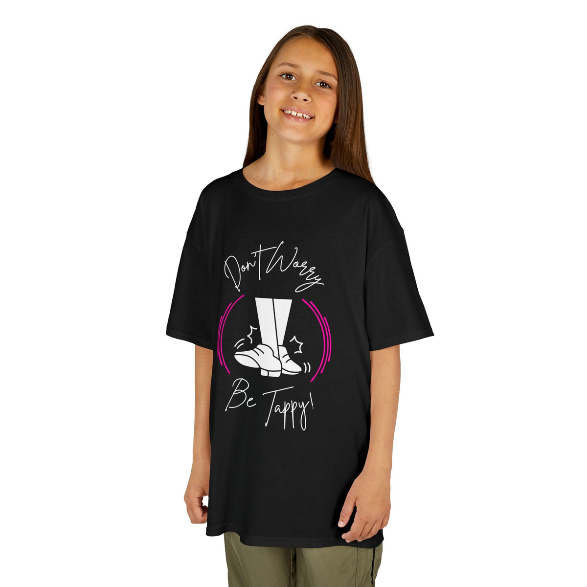Young girl wearing a youth Gildan 5000B heavy cotton t-shirt in black with a Don't Worry Be Tappy Tap Shoe design