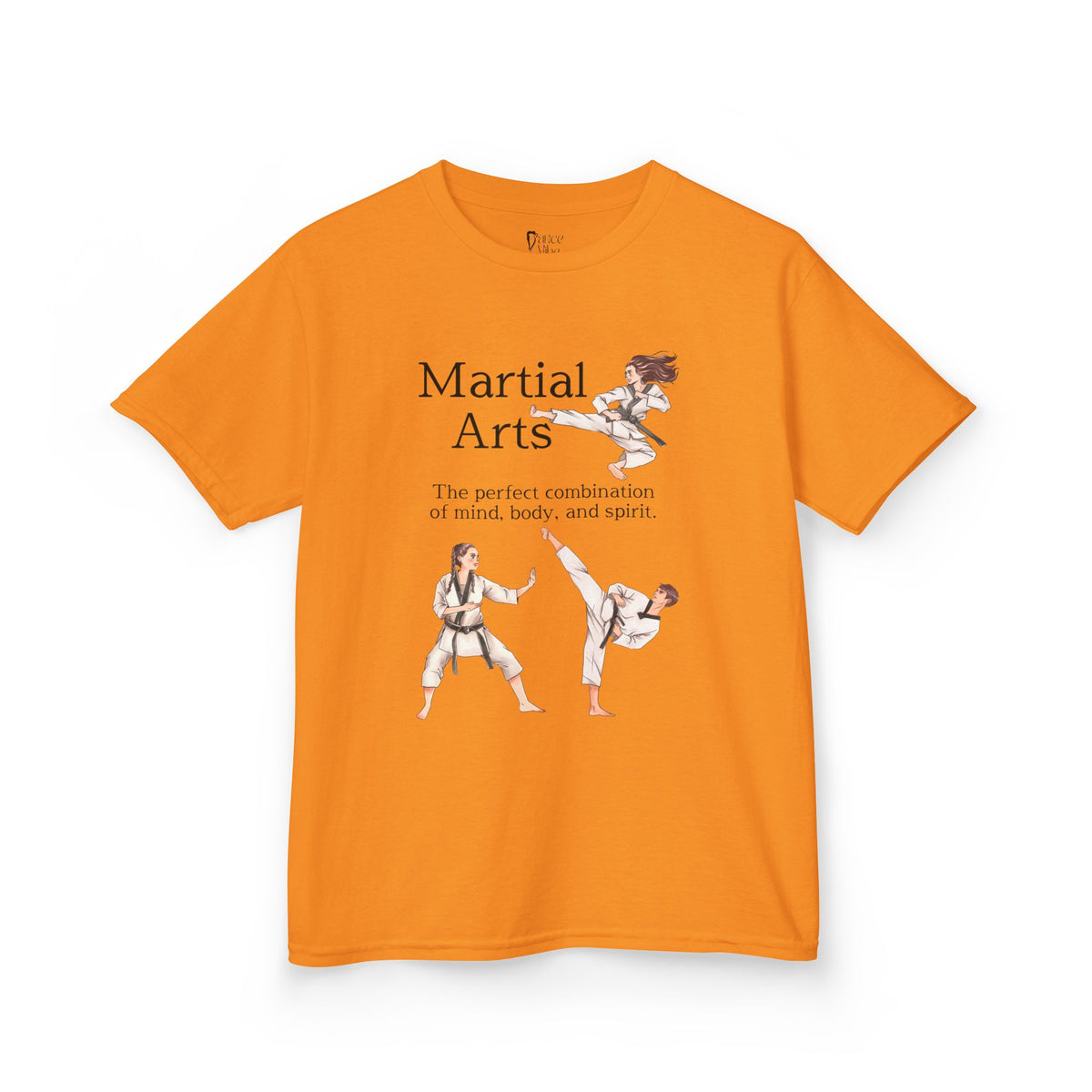 Front view of a youth Gildan 5000B heavy cotton t-shirt in tennessee orange with a Martial Arts text and graphic