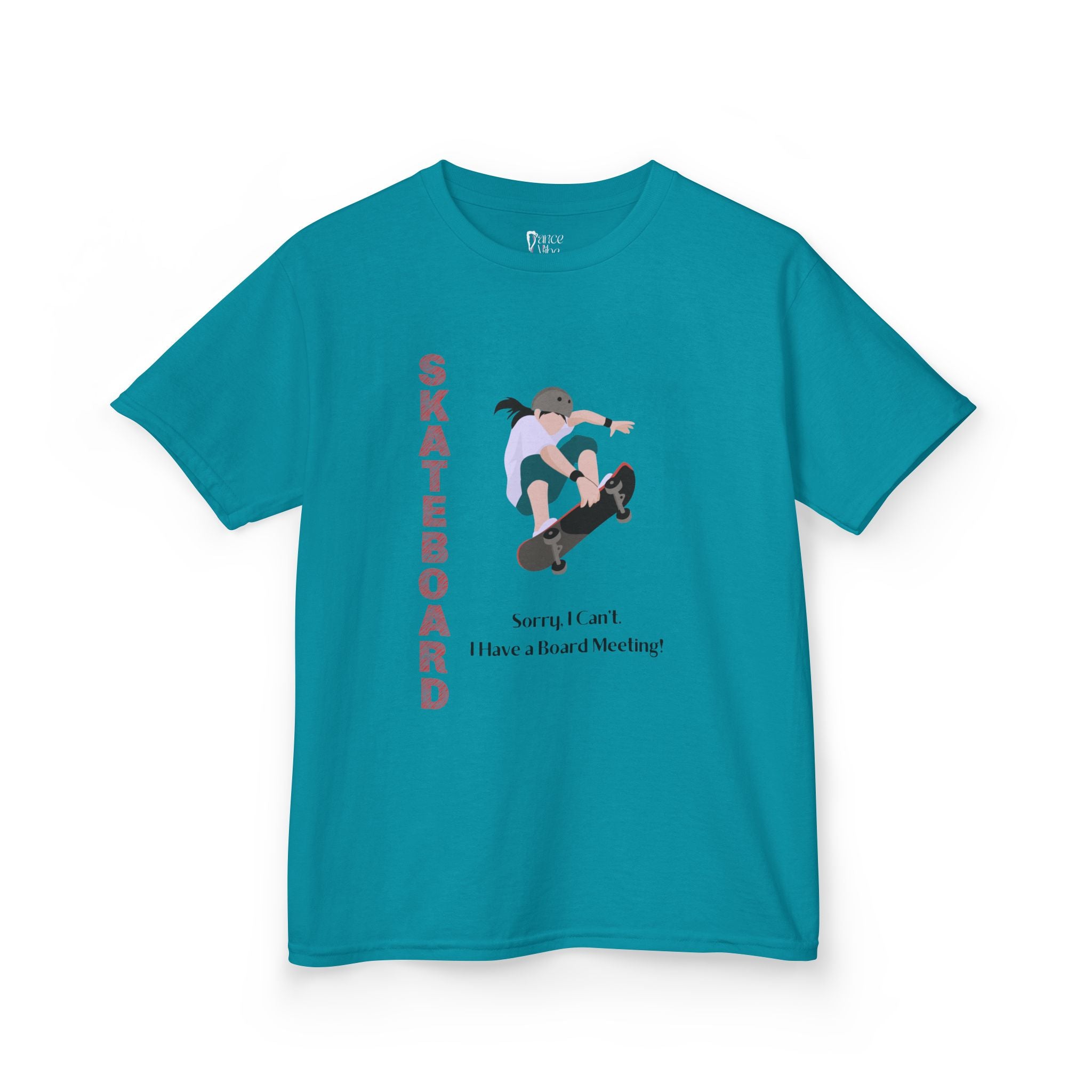 Front view of a youth Gildan 5000B heavy cotton t-shirt in tropical blue featuring a girl Skateboarding