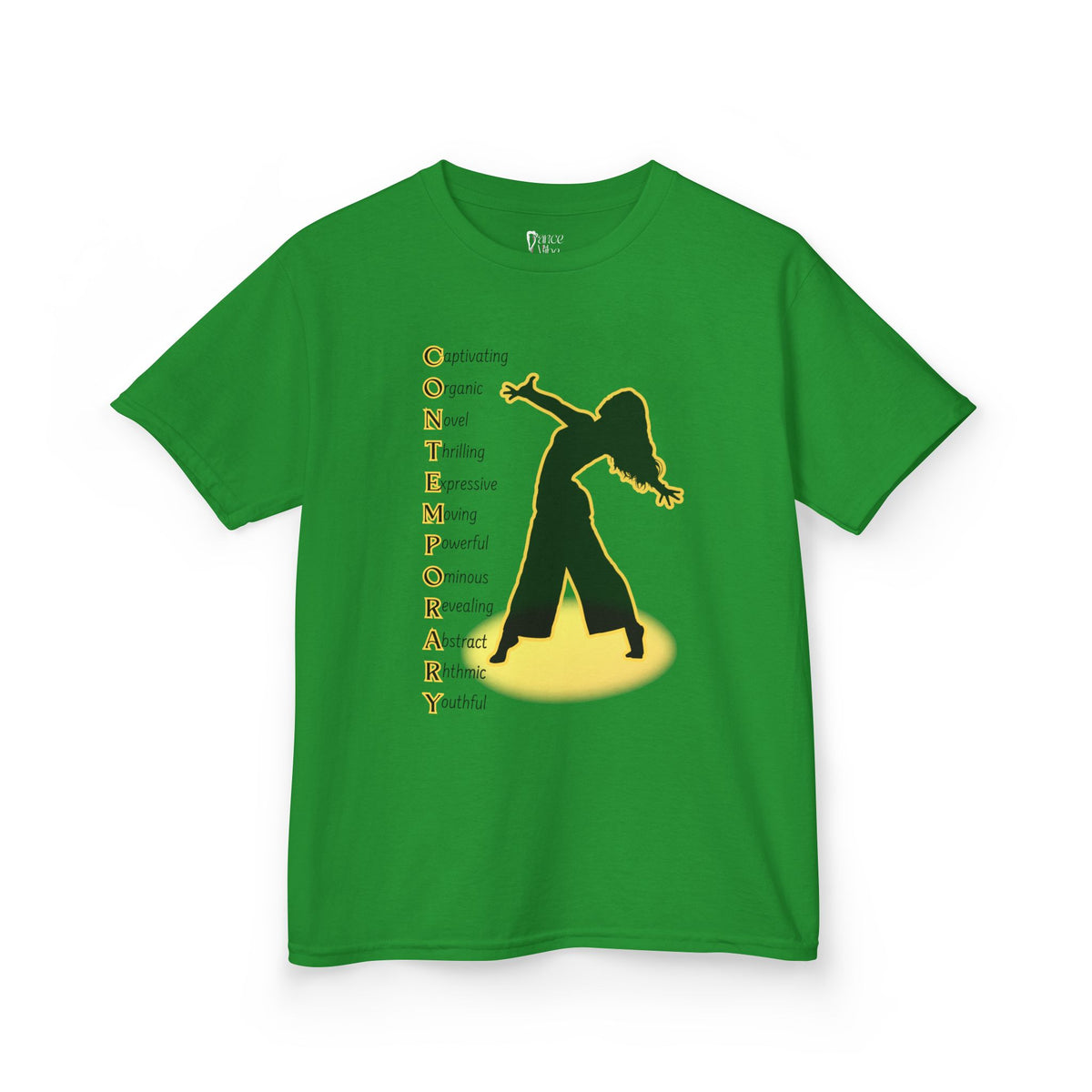 Front view of a youth Gildan 5000B heavy cotton t-shirt in irish green with a Contemporary Dance text and graphic