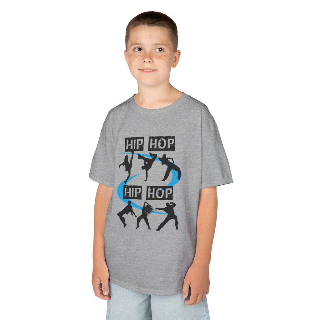 Young boy wearing a youth Gildan 5000B heavy cotton t-shirt in sport grey with a Hip Hop text and dancers