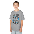 Young boy wearing a youth Gildan 5000B heavy cotton t-shirt in sport grey with a Hip Hop text and dancers