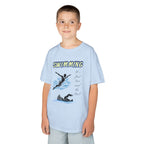 Young boy wearing a youth Gildan 5000B heavy cotton t-shirt in light blue with a Swimming text and graphic