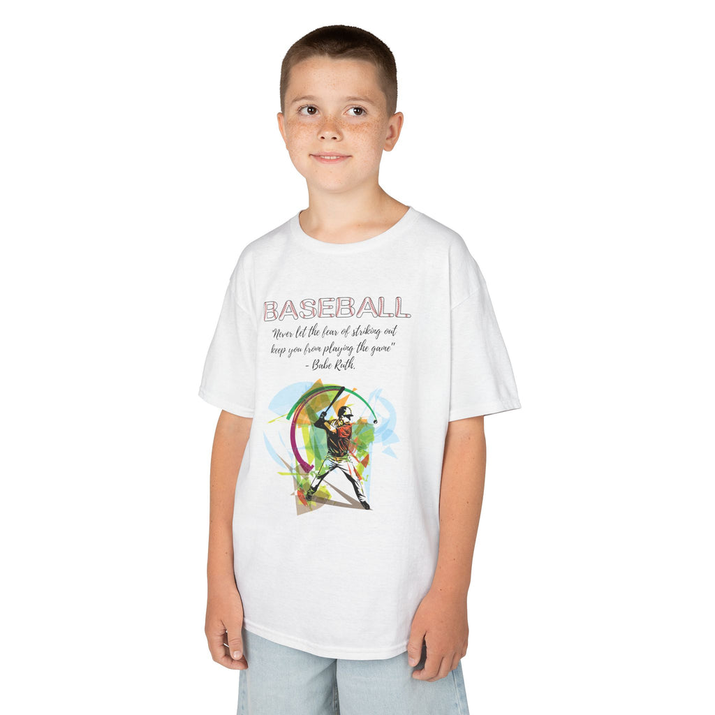 Young boy wearing a youth Gildan 5000B heavy cotton t-shirt in white with a Baseball theme and graphic