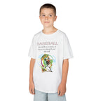 Young boy wearing a youth Gildan 5000B heavy cotton t-shirt in white with a Baseball theme and graphic