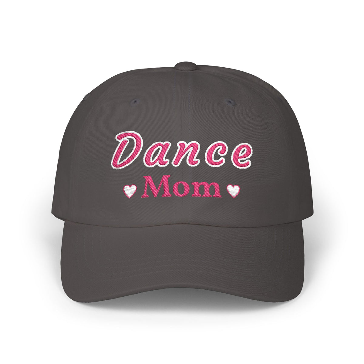 Dark grey embroidered classic dad cap hat with a Dance Mom text and graphic Front view