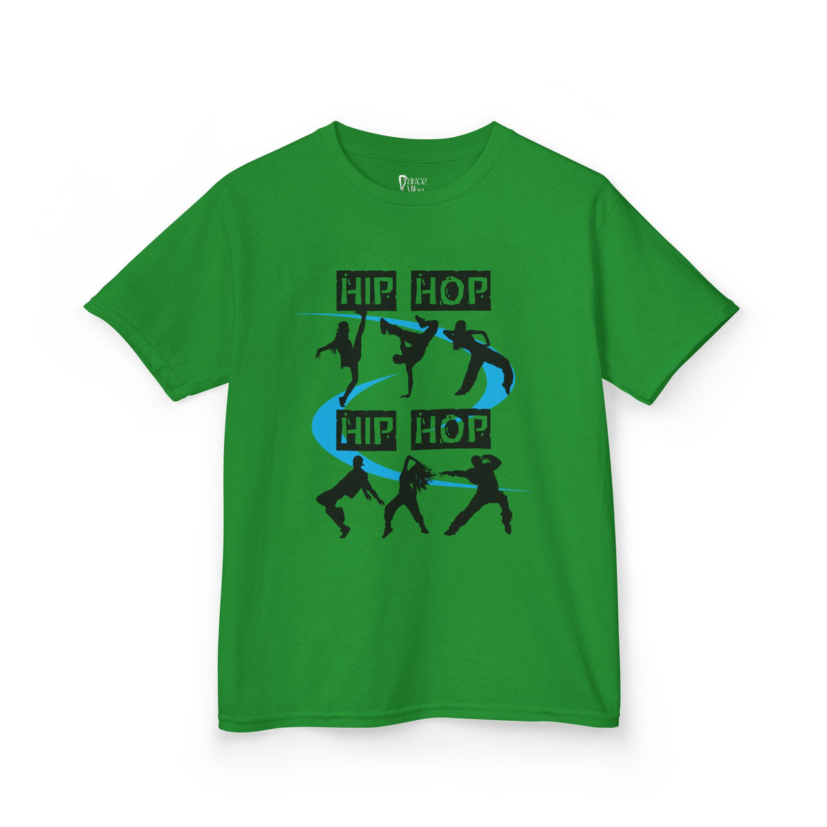 Front view of a youth Gildan 5000B heavy cotton t-shirt in irish green with a Hip Hop text and dancers