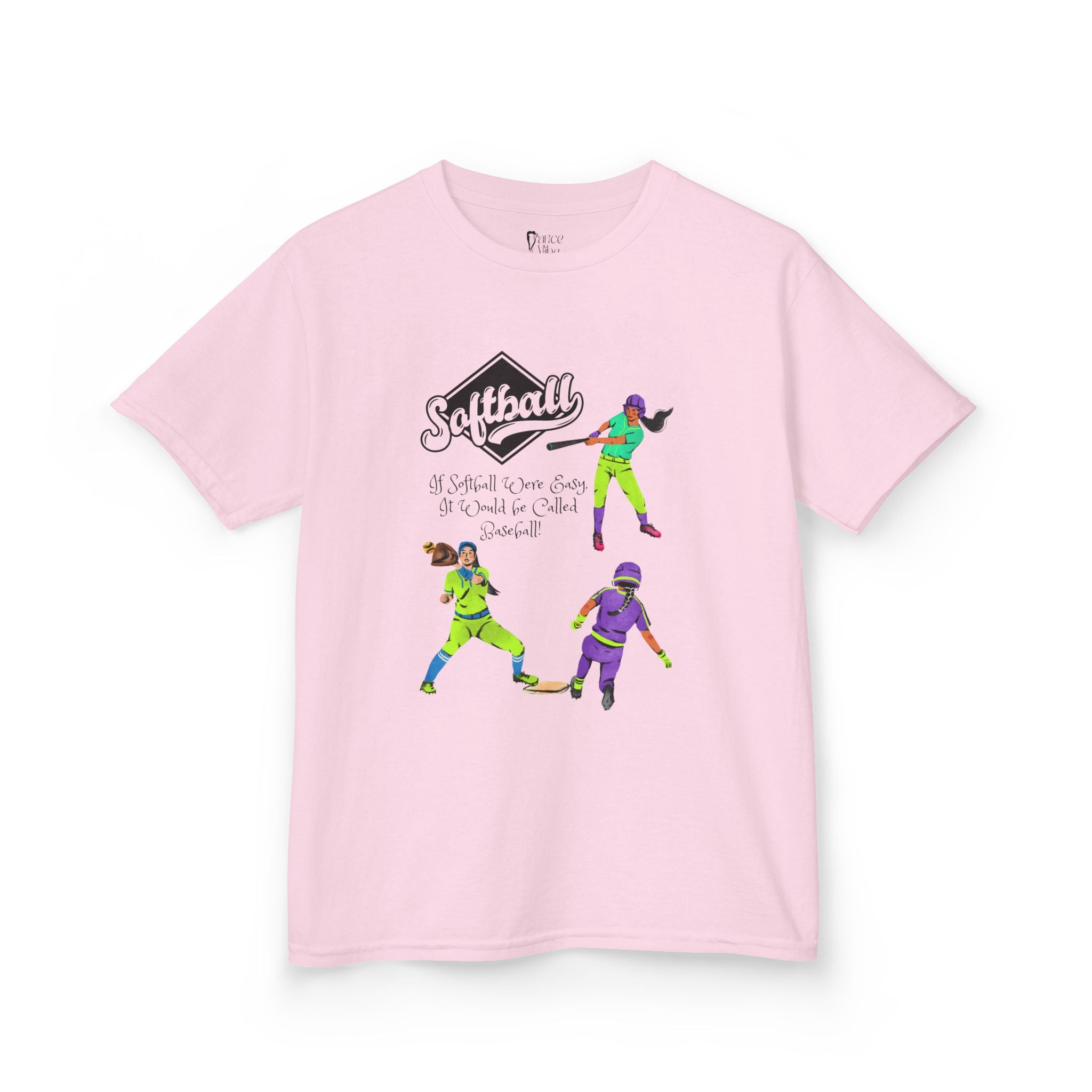 Front view of a youth Gildan 5000B heavy cotton t-shirt in light pink with a Softball text and graphic