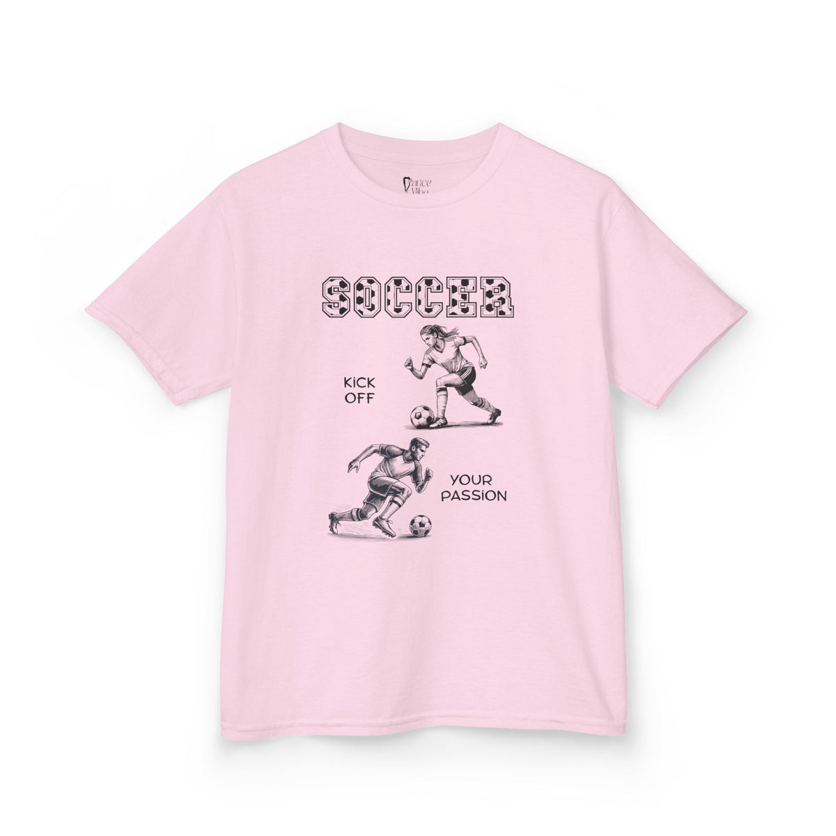 Front view of a youth Gildan 5000B heavy cotton t-shirt in light pink with a Soccer text and graphic