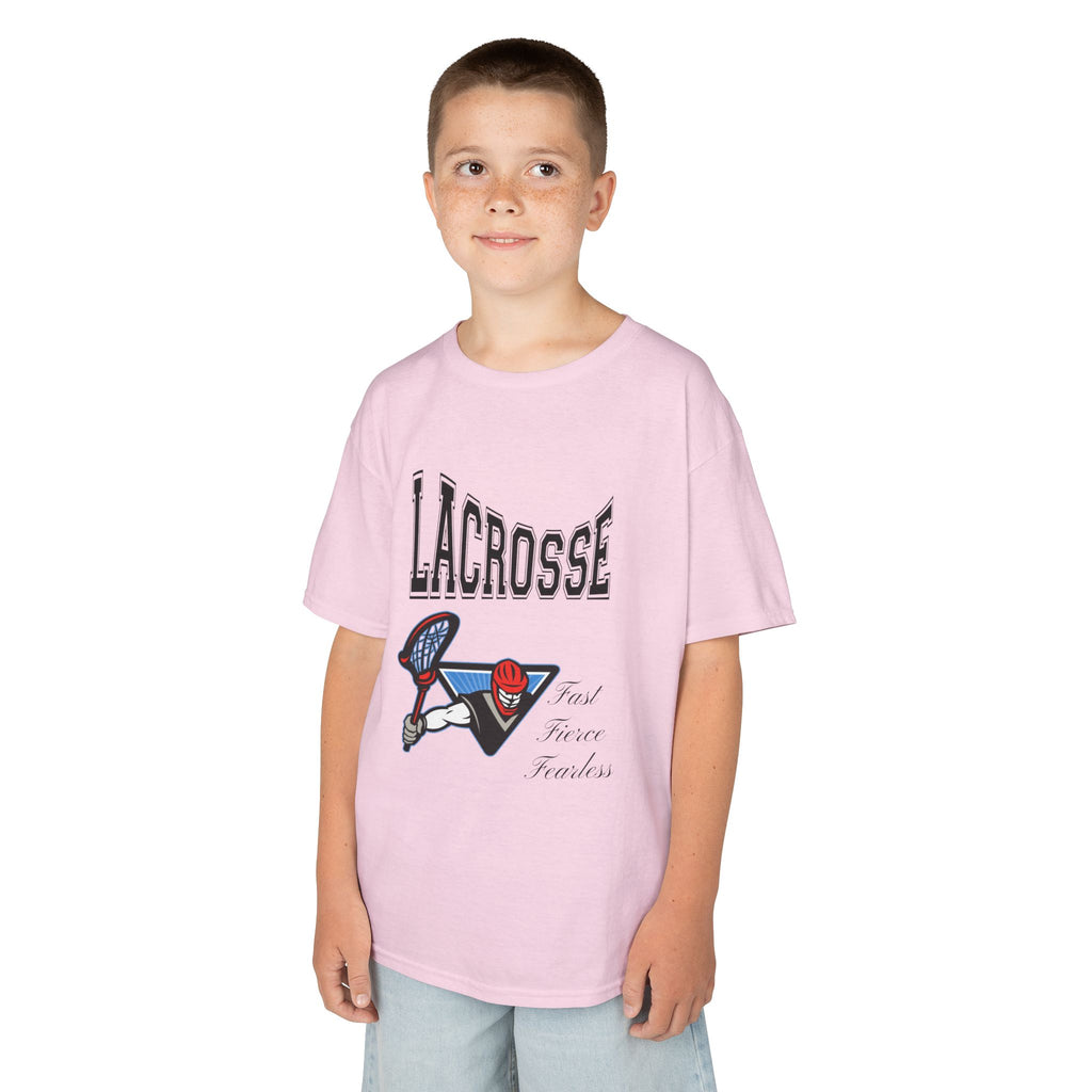 Young boy wearing a youth Gildan 5000B heavy cotton t-shirt in light pink with a Boys Lacrosse design