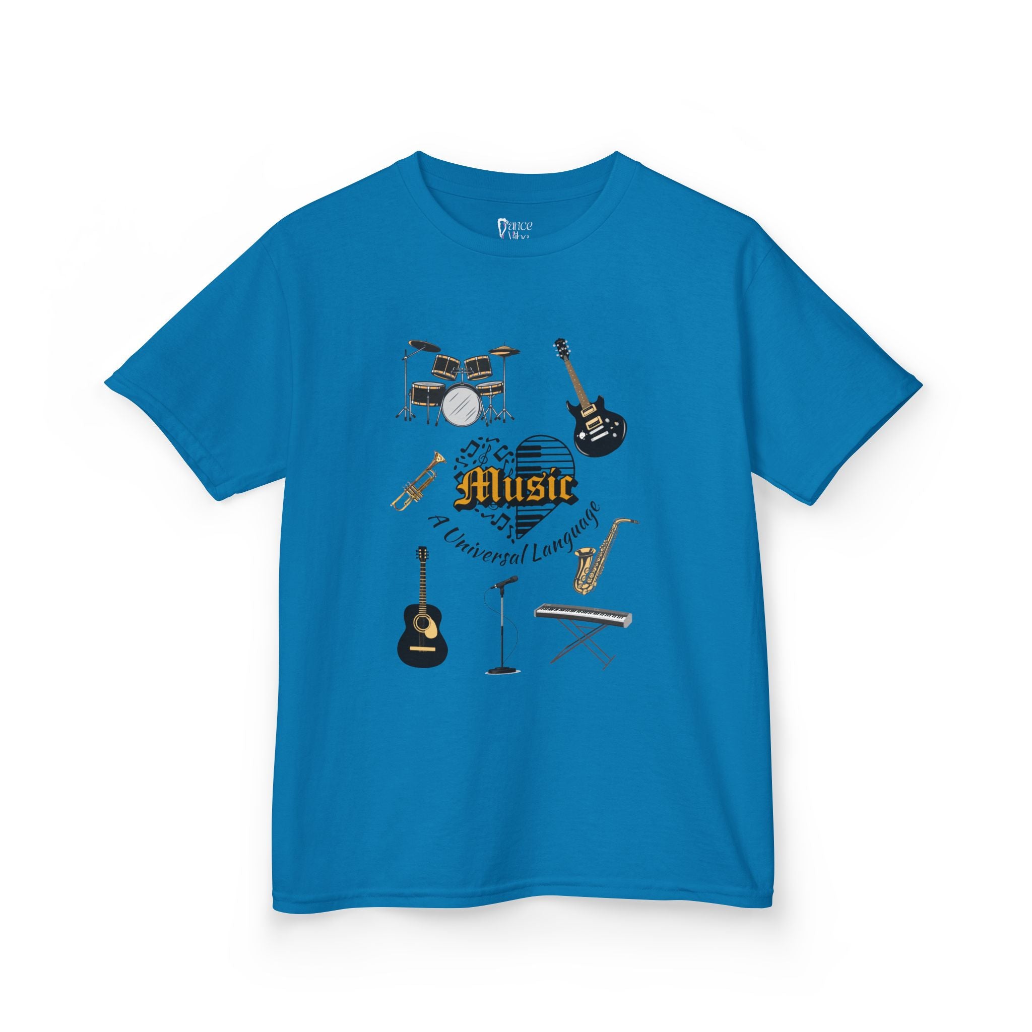 Front view of a youth Gildan 5000B heavy cotton t-shirt in sapphire with a Music A Universal Language theme