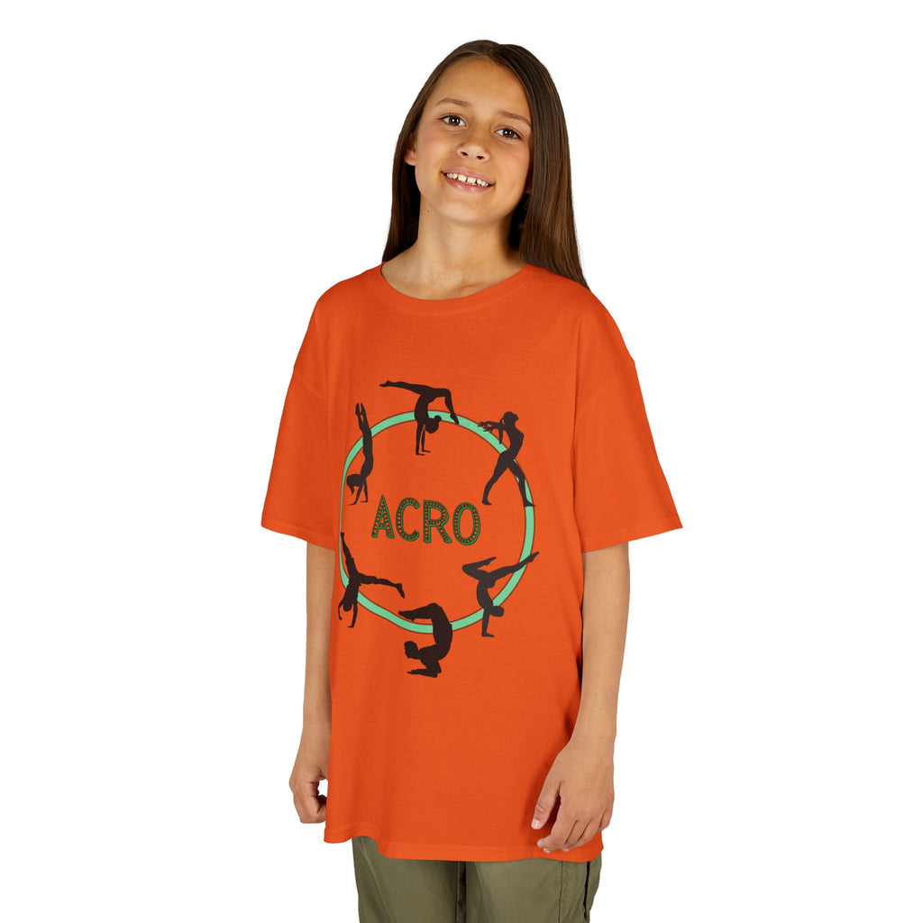 Young girl wearing a youth Gildan 5000B heavy cotton t-shirt in orange with an Acro Gymnastics theme