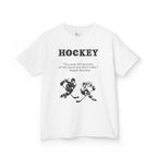 Front view of a youth Gildan 5000B heavy cotton t-shirt in white with a Hockey text and graphic