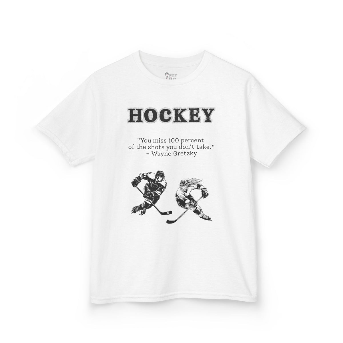 Front view of a youth Gildan 5000B heavy cotton t-shirt in white with a Hockey text and graphic