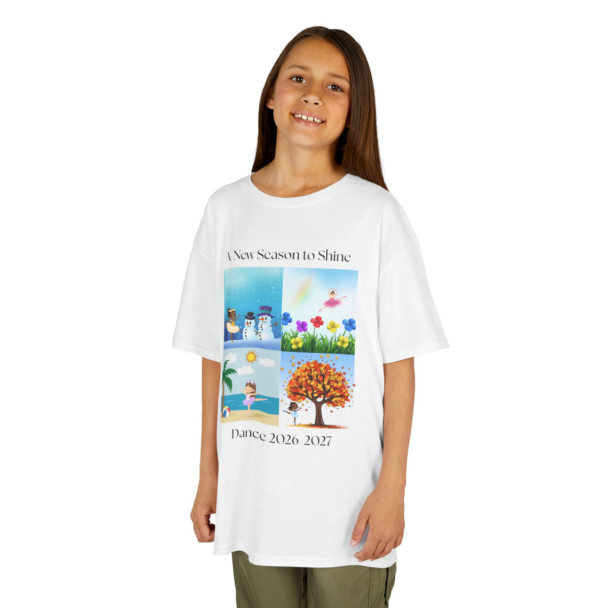 Young girl wearing a youth Gildan 5000B heavy cotton t-shirt in white with an A New Season to Shine Dance 2026-2027 theme