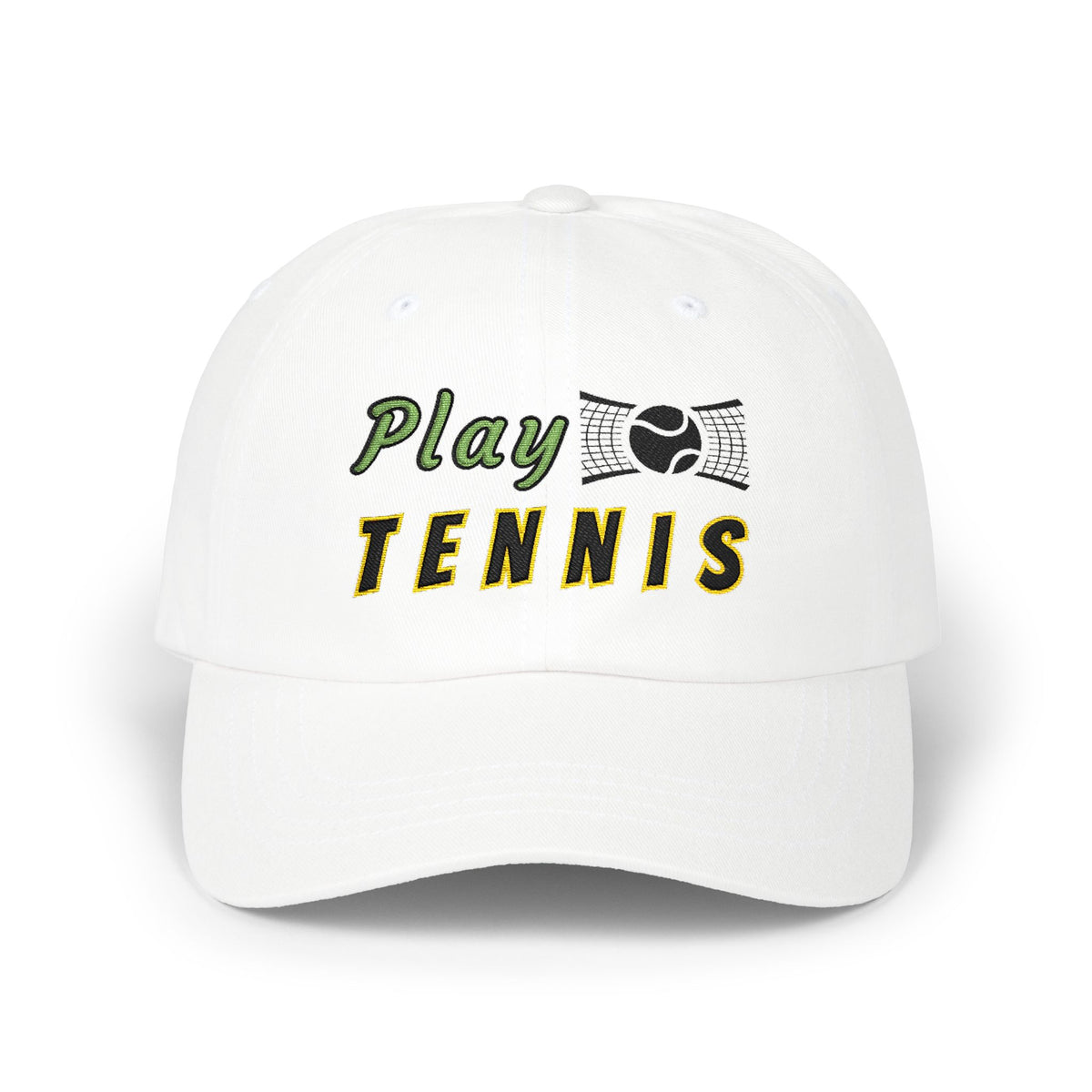 White embroidered classic dad cap hat with a Play Tennis text and graphic Front view