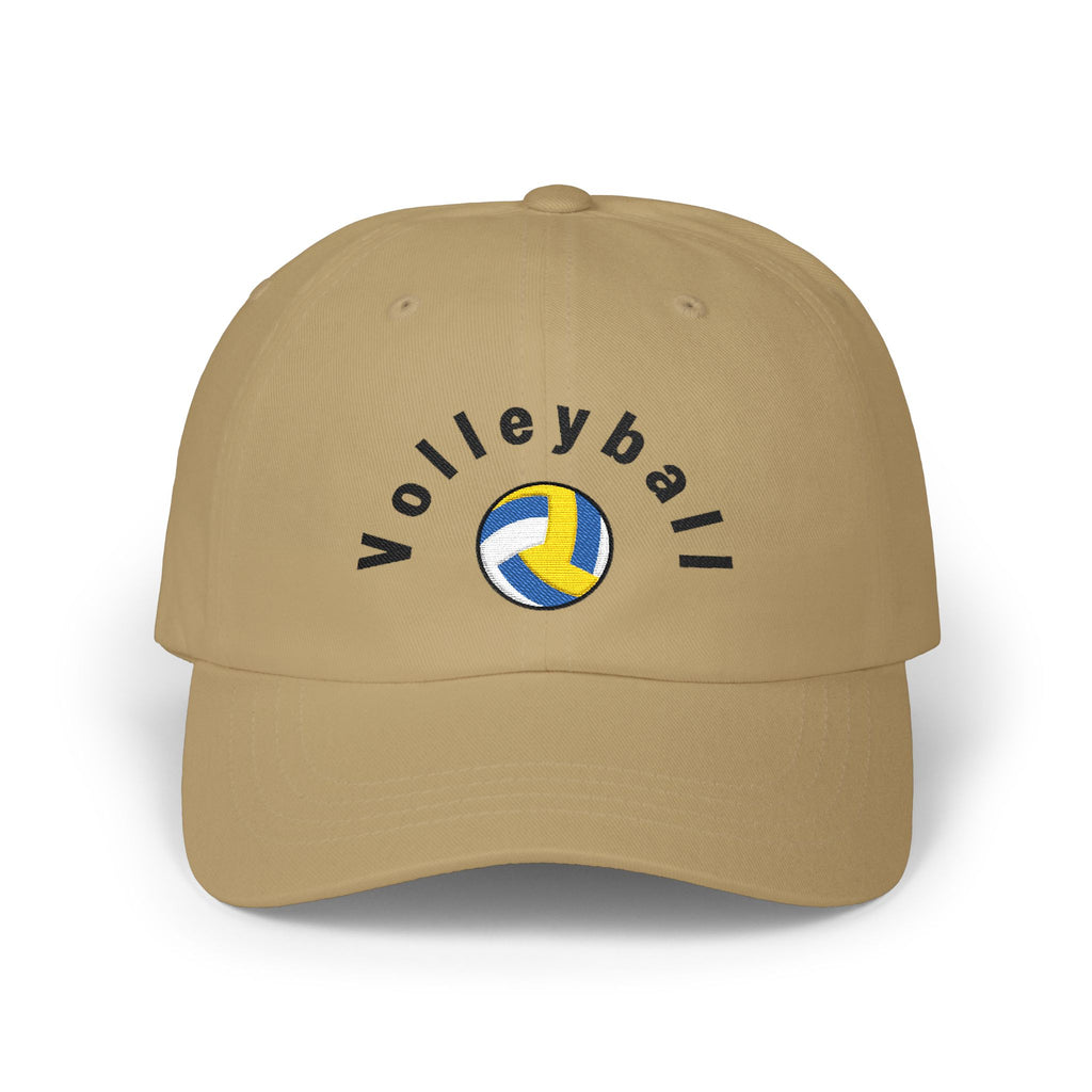 Khaki embroidered classic dad cap hat with a Volleyball text and graphic Front view